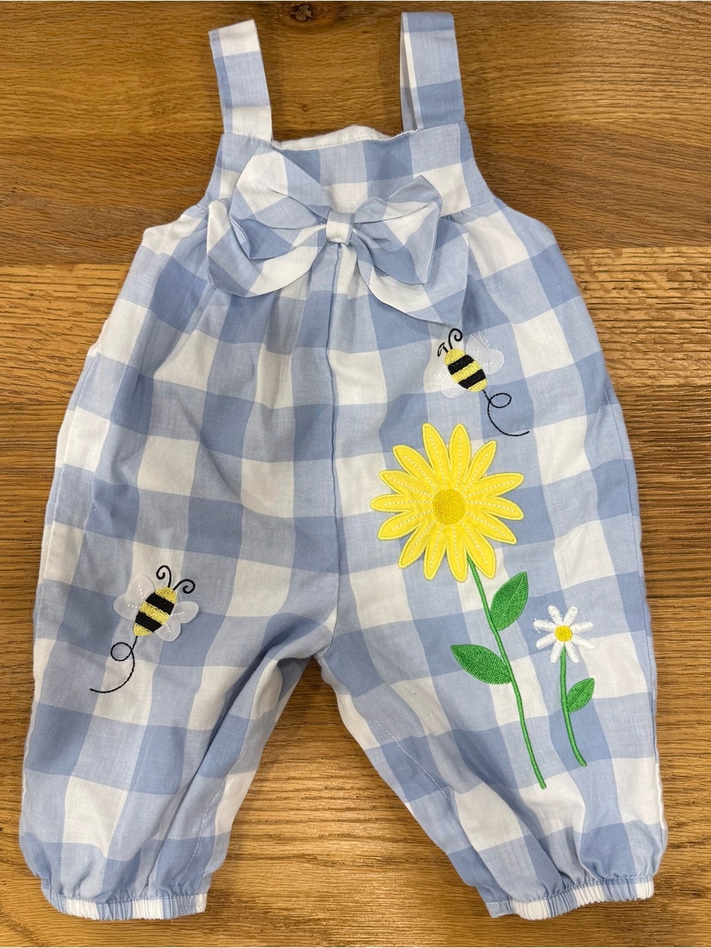 Blue & White Gingham Baby Romper with Sunflower and Bees